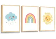 LINATKYY 3Pcs Nursery Wall Art Canvas Prints Cute Sun Rainbow Dark Clouds Pos...