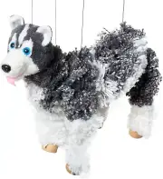 One Yarn Dark Gray & White Husky Dog Four Legged 12" String Marionette Puppet NP