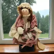 Ledge Shelf Sitter Doll Wooden Old Fashioned Handcrafted Wreath Brush Dress