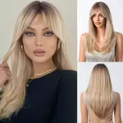 Blonde Wig for Women Long Straight Layered Wig with Bangs Ombre Blonde Synthe...