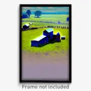 Pixel Art Poster - Sky Blue Farm (8 Bit Psychedelic Trippy Video Game Print)
