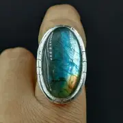 Proposal Women's Ring Natural Labradorite Oval Gemstone 925 Sterling Silver