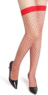 [sunshinelady] Fishnets Thighs for Women Hold Up Thigh High Stockings Elastic Anti-skid Stockings Medium Net Fishnet Stockings Plus Size Stockings No Silicone Black White Red XS-5XL
