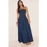 Indigo Drop Waist Denim Puffball Maxi Dress, Indigo