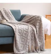 127x152cm Throw Blanket Plaid Textured Knitted with Tassels Soft Warm Blankets for Couch Sofa Bed and Living Room for All Season