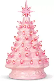 12" Pink Ceramic Christmas Tree, Prelit Tabletop Christmas Tree with Extra Pink