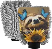 XYMZR Absorbent Microfiber Car Wash Mitt Sloth Butterfly Sunflower, Funny Cute Anime Scratch Free for Cars Cleaning, Home Cleaning Mitts, 2 Pack, 10.24” L x 7.09” W