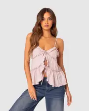 EDIKTED Womens Juniper Tie Front Ruffled Top PINK