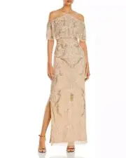 Aidan Mattox Cold Shoulder Gold Beaded Gown long dress - size 6 - retail $395