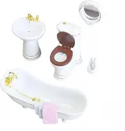 Dollhouse Accessories Bathroom Set 1：12 Dollhouse Furniture Miniatures Toys Mini Ceramic Toilet Washbasin Mirror Bathtub with 3 Towels for Dollhouse Restroom Decoration