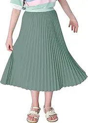 [Maeau] Girls Pleated Skirt Plain Pleated Skirt Chiffon Elastic Waist Skirt Long Skirt for Casual/School/Beach/Party/Dance with Soft Lining, 4-16 Years/110-165 cm