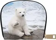 [JEJEA] Baby Polar Bear Print Credit Card Holder Wallet, Small Card Holder Wallet with Zipper,Leather Card Holder, White, One Size