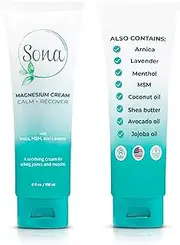Sona Calm + Recover High Concentration Pure Genuine Zechstein Magnesium Cream with MSM, Arnica and Organic Oils – Topical use for Sore Muscles, Nerve Inflammation, Achy Joints & Restless Legs (4oz)