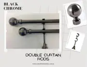 DOUBLE Curtain Rods & Finial Sets, Extendable from 120cm-380cm BLACK 25/28mm