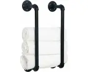 Industrial Pipe Towel Rack, Farmhouse Bathroom Towel Storage Holder, Vintage Style Towel Organization, Wall Mounted, Matte Black