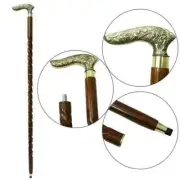 Antique Emboss Fritz Brass Handle Spiral Brown Wooden Walking Cane Stick Wands