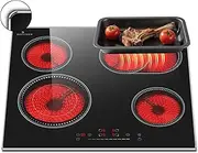 DELITEER Electric Hob 60cm, 4 Zone Ceramic Hob 6600W, Built-in 60cm Electric Ceramic Hob with Oval Zond and Double-ring burner, 99 Mins Timer, No Plug