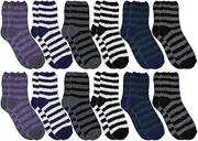 [Shoe Box] Man's Fuzzy Socks Striped Super Soft Warm Size 10-13 (12 Pair), Multi Color, 10-13