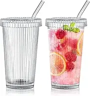 Ribbed Glass Cups with Lids and Straws, 2 Pack Drinking Glasses, Fluted Iced Coffee Cup, 12.7 OZ Glass Tumbler with Straw and Lid, Iced Coffee Tumbler for Whiskey, Beer, Water, Soda