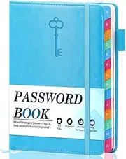 Password Keeper Book with Colorful Alphabetical Tabs, Hardcover Log Book for Internet Password and Website Address, Personal Organizer with Notes Section and Back Pocket and Two Bookmarks (Turquoise)