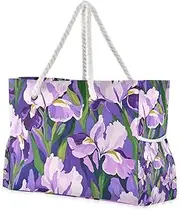 [Yoogain] Purple and white iris flowers Sandproof Women Tote Bagss with side pocketes Large Weekender Bag Travel Essentials Beach Birthday for Women, Purple and White Iris Flowers, 1 size