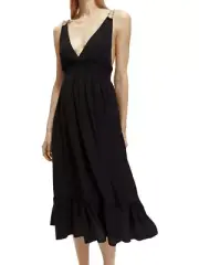 Scotch & Soda Smocked Midi Strap Black Dress