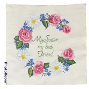 Hand Embroidered Pillow Cover Face Front Frameable Art Decor Sister Cross Stitch