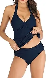 [LA ORCHID] Laorchid Women's Push Up Tankini Set Two-Piece Swimsuit Swimsuit Tummy Control Beach Fashion Halterneck Swimwear Tankini V Neck