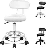 [ALFORDSON] Salon Stool Declan Round Swivel Drafting Rolling Stools with 47.5-62cm Height Adjustment PU Leather Spa Stool with Footrest Wheels Backrest Hair Dress Massage Barber Chair (White)