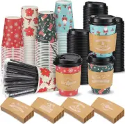 Remerry 100 Sets 400 Pcs 12 oz Christmas Disposable Coffee Cups with Lid, Straws