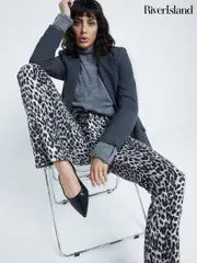 River Island Black High Rise Leopard Print Bootcut Jeans (AT8966) | $61