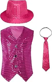 [Choomomo] Boys Latin Jazz Dance Outfit Disco Party Sequins Vest with Necktie and Hat Set for Stage Performance