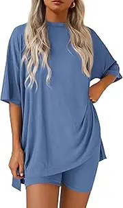 [PRETTYGARDEN] Women's Two Piece Lounge Set 2025 Summer Casual Oversized Shirts Biker Shorts Matching Airport Travel Outfit