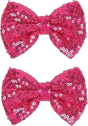 2-Pack 4-Inch Love Fairy & Glitter Sequin Bow Hair Clips-Sparkly Fashion Alligator Barrettes for Girls, Kids & Women, Hot Pink