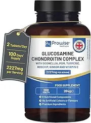 Glucosamine and Chondroitin Complex 2227mg per serving | 200 High Strength Tablets | 8 Nutritional Components | MSM, Boswellia, Vitamin C, Turmeric, Ginger, and Rosehip | Made in UK by Prowise