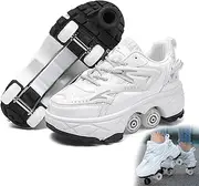 [AMMFIT] Deformation Roller Shoes Quad Roller Skates with Brake, Shoes with Wheels for Kids and Adults Sports Outdoors Technical Skateboarding Shoe,White1-8
