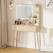 IKALIFE Fluted Makeup Vanity Desk with Mirror and Lights, 3 Color Modes & Adjustable Brightness Dressing Table, Small Vanity Table Set with 2 Drawers & Storage Shelves for Bedroom, Oak 31.5"