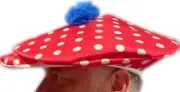 JUMBO RED CLOWN HAT Newsboy Cap Funny White Polka Dots Costume Pom Flat Derby