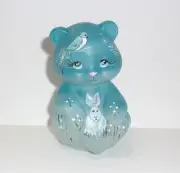 Fenton Glass Crystal Satin Hare Rabbit Blue Bird Bear Figurine #8/37 M Kibbe