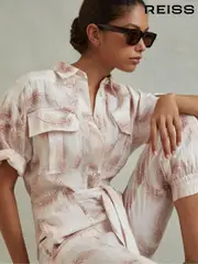 Reiss Blush Kaia Linen Tropical Print Belted Jumpsuit (N74152) | $510