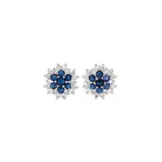 Silver Dark Blue Cubic Zirconia Flower Stud Earrings in Blue