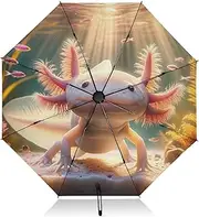 [RPLIFE] Windproof Travel Umbrella, Collapsible Umbrellas for Rain, Auto Open Close, Backpack Purse Portable, Ideal for Women, Pink Axolotl Underwater