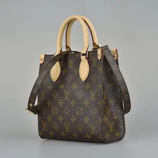 LV M45847 SAC PLAT BB花紋LOGO Monogram帆布滾邊牛皮手提斜背包(咖啡x紅)