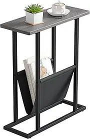 [Yusong] Small Narrow Side Table for Small Spaces, 17.7" W Slim End Table Magazine Table Nightstand with Storage Holder, Accent Skinny Snack Couch Bedside Table, Grey, Complete Iron Pipes