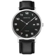 Bering Time Silver Titanium Case and Black Leather Strap Men's Watch. 18640-402