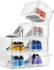 [Attelite] Drop Front Plastic Shoe Box with Clear Door,Set of 6,Stackable,For Display Sneakers,Easy Assembly,Fit up to US Size 12(13.4”x 10.6”x 7.4”)
