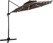 10 FT Outdoor Umbrella Solar Powered LED Patio Hanging Umbrella Cantilever Umbrella with 32 LED Lights, 360 Degree Rotation, for Day and Night,Brown