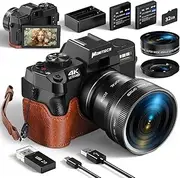 Digital Camera for Photography and Video,4K 48MP Vlogging Camera for YouTube with 180° Flip Screen,16X Digital Zoom,52mm Wide Angle,Leather Hold & Strap, 2 Batteries, 32GB TF Card
