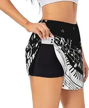 [WURTON] Piano Keys with Musical Notes Print Exercise Gym Workout Shorts Women's Athletic Shorts Dual-Layered Yoga Running Shorts