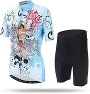 [JW-MZPT] Short-Sleeved Cycling Suit, Fish Pattern, Women's Summer Breathable and Comfortable Moisture Wicking Bike Top, Shock-Absorbing Shorts,S